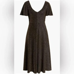 NWOT LEITH gold pin stripe fit & flare flutter sleeve v neck tie belt dress XS-M